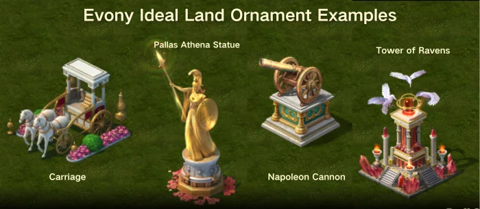 Evony Ideal Land Carriage, Pallas Athena Statue, Napoleon Cannon, and Tower of Ravens