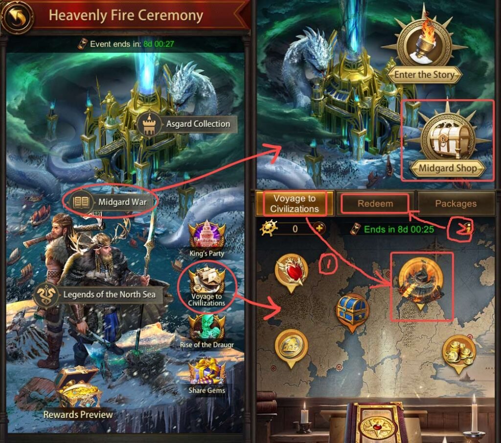 Get Ideal Land Ornament Surtr's Throne and Shadow of Midgard at Evony's Heavenly Fire Ceremony